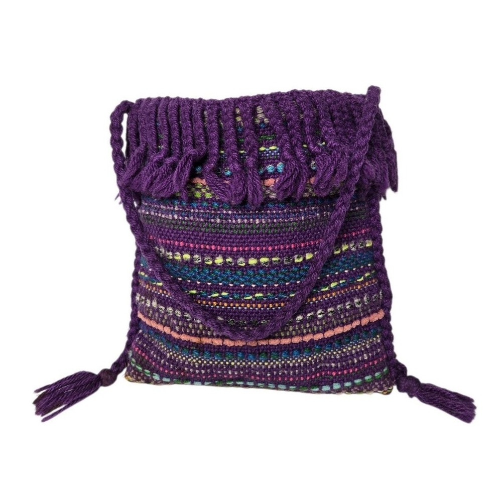 Vintage Hand Woven Purple Yarn Fringe Bag Nellie Burnham Boho Textile Purse 70s - Picture 7 of 14